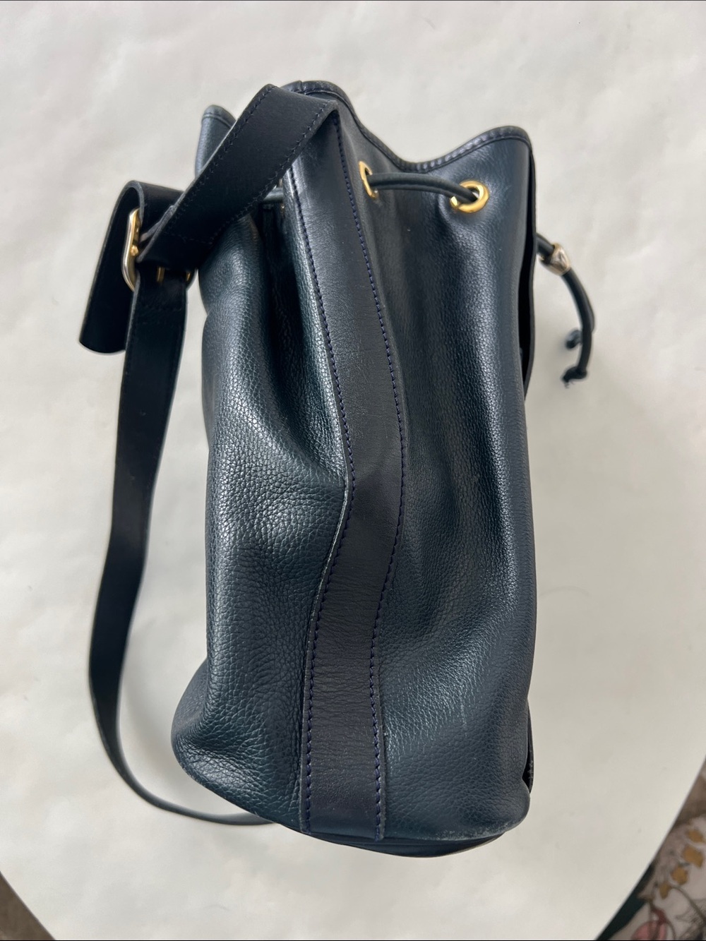Longchamp Vintage Dark Blue Leather Single Strap Crossbody Bucket Shoulder Bag - Picture 6 of 8